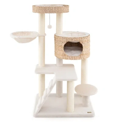 Costway Modern Cat Tree For Indoor Cats With Cattail Fluff Condo And Top Perch-natural In White