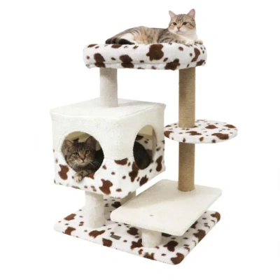 Costway Modern Cat Tree Indoor Cat Tower With Wide Upholstered Perch And 2-entrance Cat Condo-white In Multi