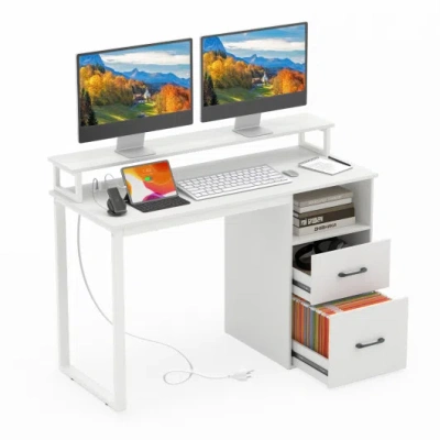 Costway Modern Computer Desk With Power Outlets And File Drawer-white In Multi