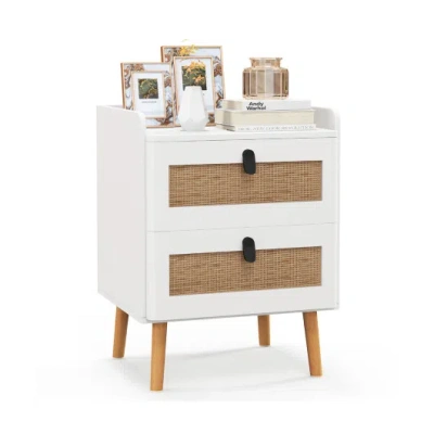 Costway Modern End Table Bedside Table With 2 Rattan Decorated Drawers-white