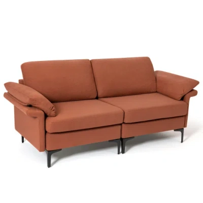 Costway Modern Fabric Loveseat Sofa For With Metal Legs And Armrest Pillows-rust Red