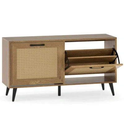 Costway Modern Freestanding Shoe Cabinet With 2 Flip Drawers And Adjustable Shelves For Entryway-natural In Brown