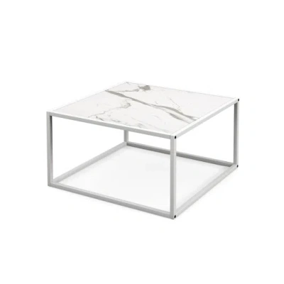 Costway Modern Glass Square Coffee Table With Metal Frame For Living Room-white In Animal Print