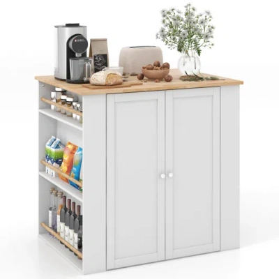 Costway Modern Kitchen Island With Rubber Wood Countertop And Storage-white In Multi