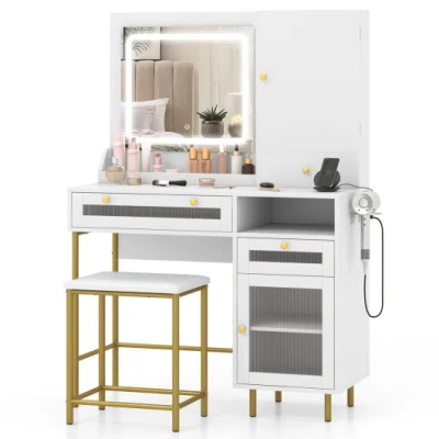 Costway Modern Makeup Vanity Desk With Mirror And Lights And Stool Set-white