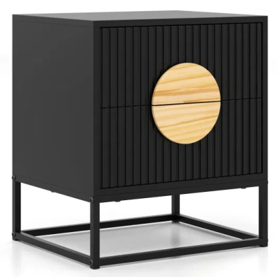 Costway Modern Mid Century Fluted Nightstand With 2 Drawers And Pine Wood Handles For Bedroom-black