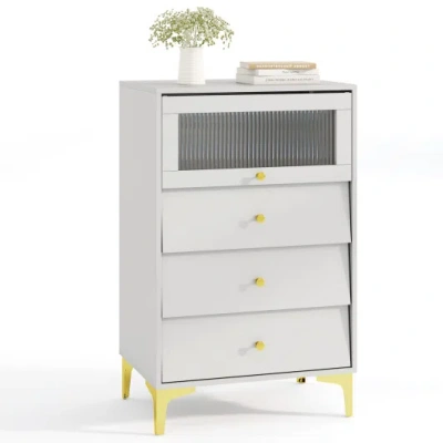 Costway Modern Storage Cabinet With Flip Up Fluted Glass Door And Pull-out Drawers-gray In White