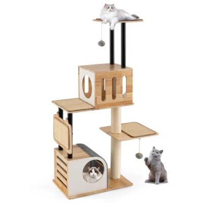 Costway Modern Tall Cat Tower With Double Condos With Dangling Balls And Sisal Carpets-natural In Brown