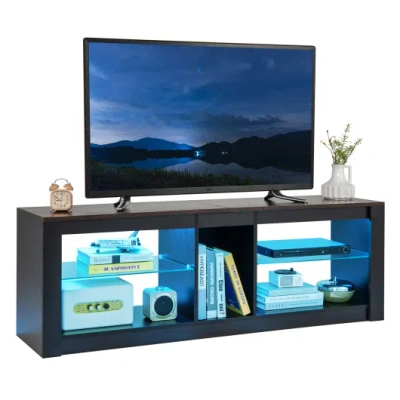 Costway Modern Tv Stand With Led Light And Adjustable Shelves For Tvs Up To 65 Inch-brown In Black