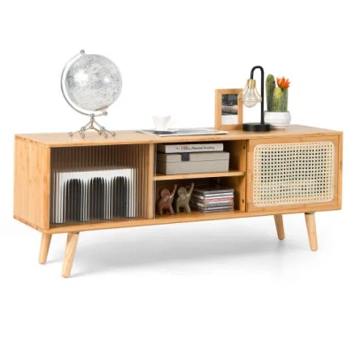 Costway Modern Tv Stand With Rattan Glass Sliding Doors-natural In Multi