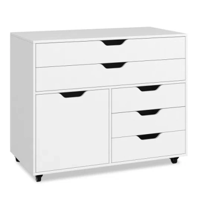 Costway Modern Vertical 5-drawer Mobile Chest With Door 5 Casters-white