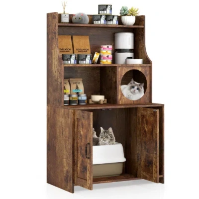 Costway Modern Wooden Industrial Cat Litter Box Enclosure With Storage Shelves-brown