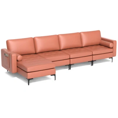 Costway Modular L-shaped 4-seat Sectional Sofa With Reversible Chaise And 2 Usb Socket-pink
