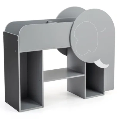 Costway Montessori Bookshelf With Elephant Shape 3-tier Toddler Toy Storage Organizer-grey In Gray