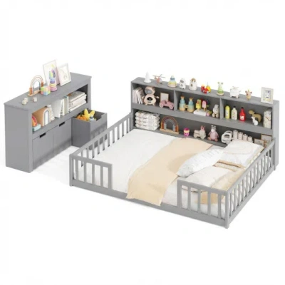 Costway Montessori Twin Floor Bed And Kids Toy Storage Cabinet Bundle In Multi