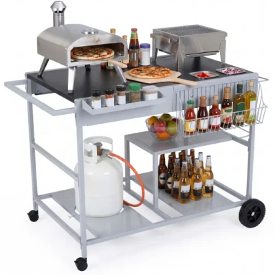 Costway Movable Grill Table With 2 Spice Containers And Station For Backyard And Bbq-black In Animal Print