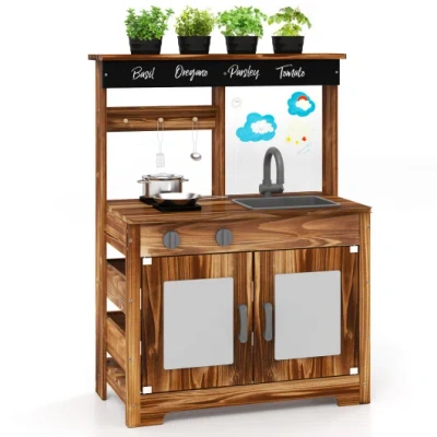 Costway Mud Kitchen Fir Wood Play Kitchen With 4 Panting Pots Faucet Removable Sink-natural In Brown