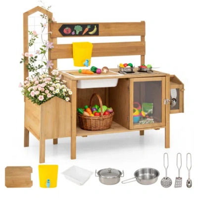 Costway Mud Kitchen For Kids With Detachable Bird Cage And Stoves-natural In Brown