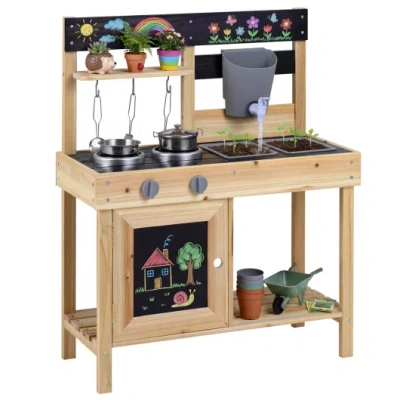 Costway Mud Kitchen Playset Kids Play Kitchen Outdoor With 2 Removable Sinks-natural In Multi
