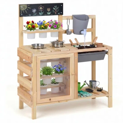 Costway Mud Kitchen Playset With Sink And Plants Observation Room-natural In Brown