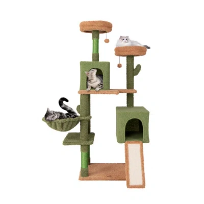 Costway Multi-level Cactus Cat Tree With Scratching Posts Ladder Double Condos And Toys Bed-green In Brown