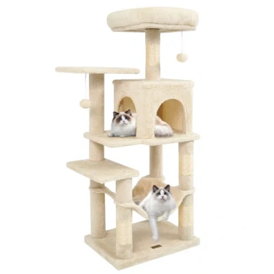 Costway Multi-level Cat Tower With 2-door Condo And Padded Top Perch-beige In Neutral