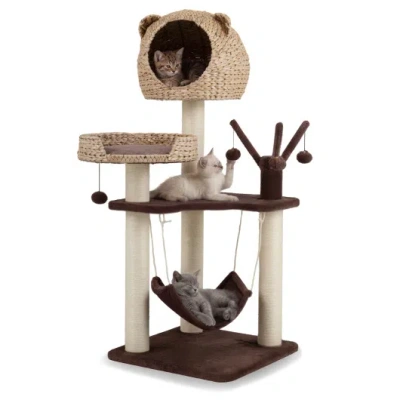 Costway Multi-level Cat Tree With Condo Hammock And Rotatable Hanging Balls-brown