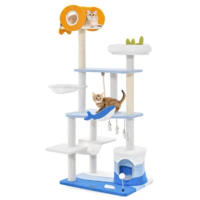 Costway Multi-level Ocean-themed Cat Tree Tower With Sisal Covered Scratching Posts-blue In White