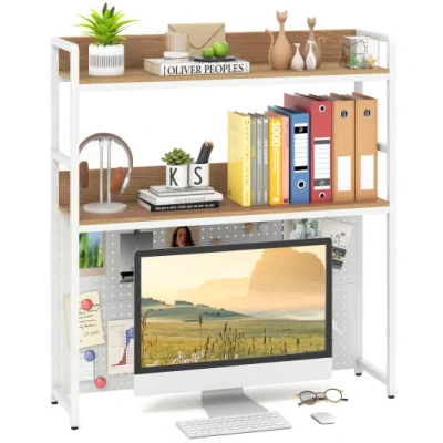 Costway Multipurpose 2-tier Desktop Bookshelf With Pegboard For Up To 32 Inch Computer Monitor-natural