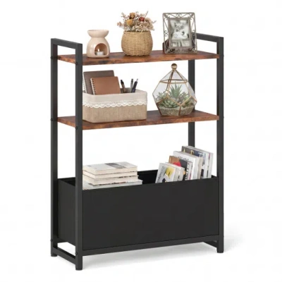 Costway Narrow End Table With Storage Shelves And Metal Frame-rustic Brown In Black