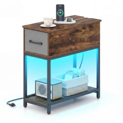 Costway Narrow Side Table With Charging Station And Led Lights Industrial End Table-brown In Multi