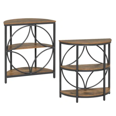 Costway Narrow Side Table With Study Metal Frame And Storage Shelves-rustic Brown