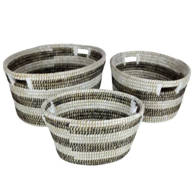 Costway Natural Canes Grass Baskets Stackable Storage Bins Set Of 3 With Hollowed Handles In Multi