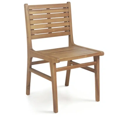 Costway Natural Wood Armless Patio Chair With Slanted Back And Slatted Seat In Brown
