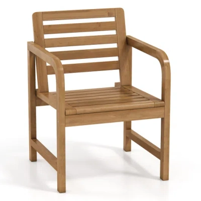 Costway Natural Wood Patio Armchair With Slanted Back And Slatted Seat In Brown