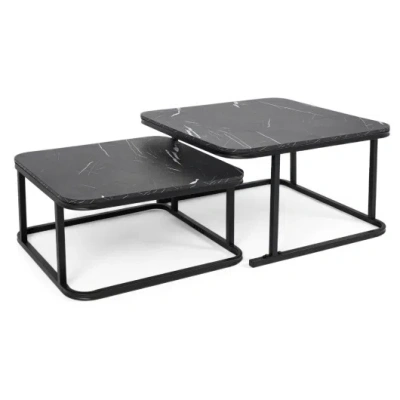 Costway Nesting Coffee Table Set Of 2 With Faux Marble Top And Metal Frame-black