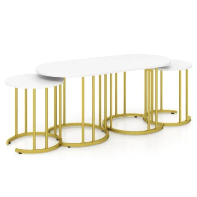 Costway Nesting Coffee Table Set Of 3 With Faux Marble Tabletop And Powder-coated Gold Metal Frame-white
