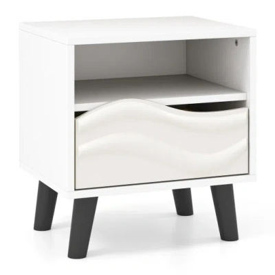 Costway Nightstand Mid Century Modern Bedside Table With 3d Wavy Pattern And Open Shelf-white In Neutral