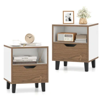 Costway Nightstand Set Of 2 With Drawer And Open Storage Shelf For Bedroom-white In Brown