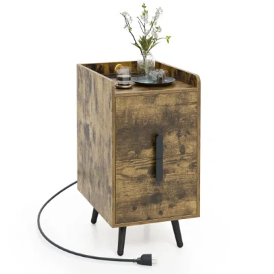 Costway Nightstand Side Tables With 2 Drawers And 2 Usb Ports-rustic Brown