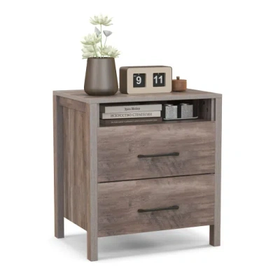 Costway Nightstand With 2 Drawers Farmhouse Bed Side Table With Open Storage Shelf-grey In Brown
