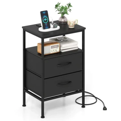 Costway Nightstand With Charging Station 24.5 Inch Modern Bedside Table With 2 Fabric Drawers-black