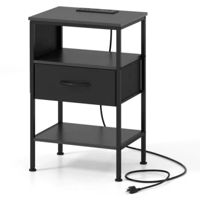 Costway Nightstand With Charging Station 24.5 Inch Modern Bedside Table With Fabric Drawer-black
