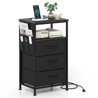 Costway Nightstand With Charging Station 27.5 Inch Modern Bedside Table With 3 Fabric Drawers-black