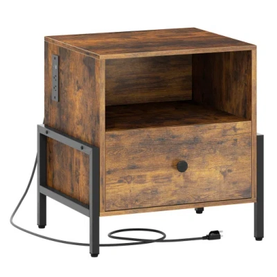 Costway Nightstand With Charging Station And Drawer Sofa Side Table-rustic Brown