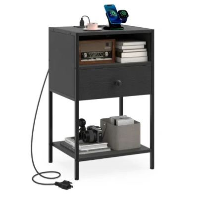 Costway Nightstand With Charging Station Bedside Table With Usb Ports And Outlets-black In Multi