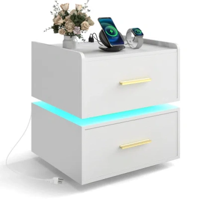Costway Nightstand With Charging Station Led Bedside Table With 2 Storage Drawers-white In Gray