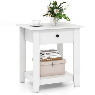 Costway Nightstand With Drawer 3-tier Modern Bedside Table With Open Shelf And Storage-white