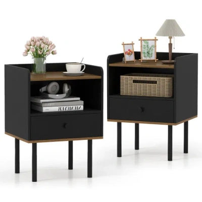 Costway Nightstand With Drawer 3-tier Sofa Side Table With Open Storage Shelf Set Of 2-black