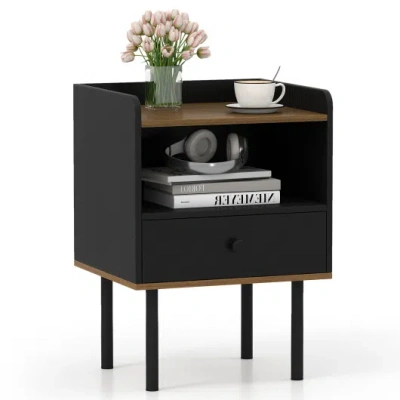 Costway Nightstand With Drawer 3-tier Sofa Side Table With Open Storage Shelf-black